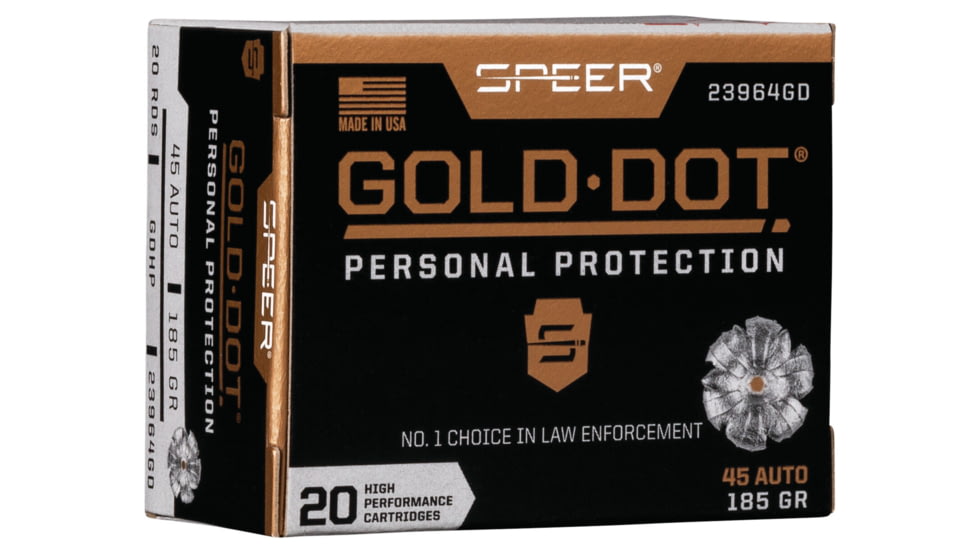 Speer Gold Dot .45 ACP 185 Grain Gold Dot Hollow Point Centerfire Pistol Ammo, 20 Rounds, 23964GD