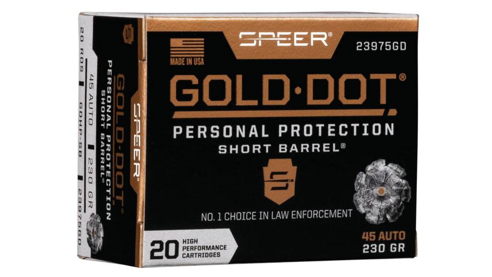 Speer Gold Dot Pistol Ammo, .45 ACP, Gold Dot Hollow Point Short Barrel, 230 grain, 20 Rounds, 23975GD