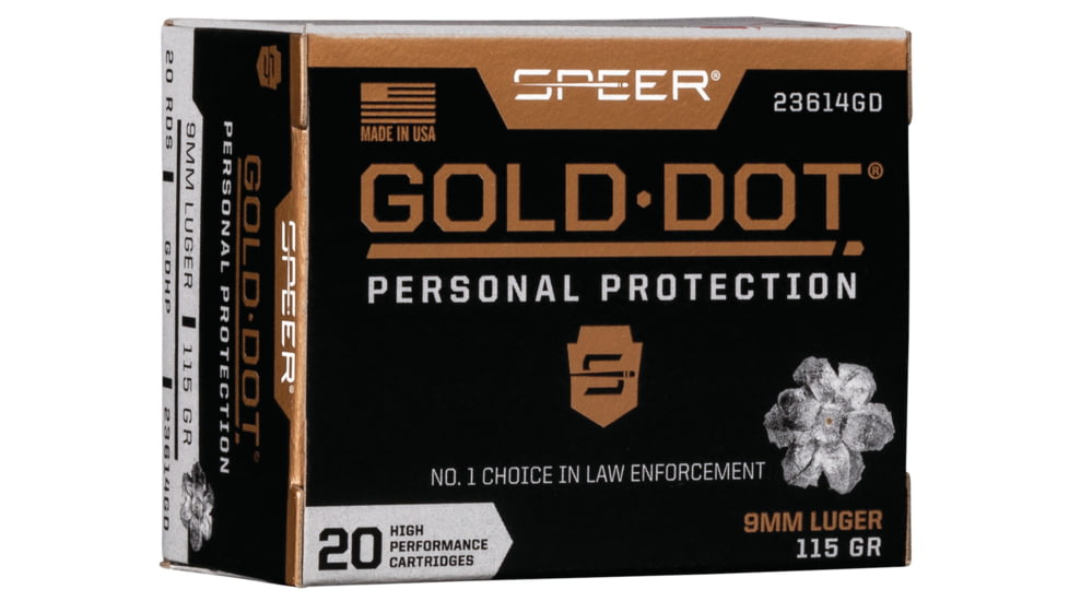Speer Gold Dot 9 mm Luger 115 Grain Hollow Point Centerfire Pistol Ammo, 20 Rounds, 23614GD