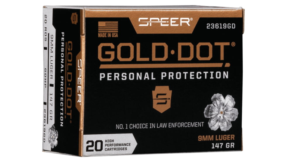 Speer Gold Dot Pistol Ammo, 9 mm Luger, Gold Dot Hollow Point, 147 grain, 20 Rounds, 23619GD