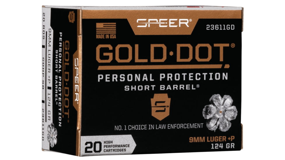 Speer Gold Dot 9 mm +P 124 Grain Gold Dot Hollow Point Short Barrel Centerfire Pistol Ammo, 20 Rounds, 23611GD