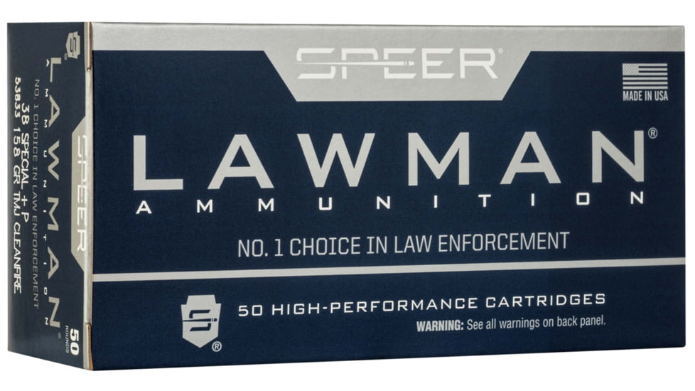 Speer Lawman CleanFire Training .38 Special +P 158 Grain Total Metal Jacket Pistol Ammo, 50 Rounds, 53833