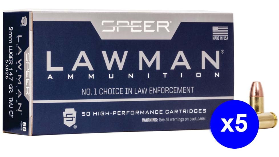 Speer Lawman Handgun CleanFire Training, 9 mm Luger, 147 Grain, TMJ, Brass Cased, Centerfire Pistol Ammo