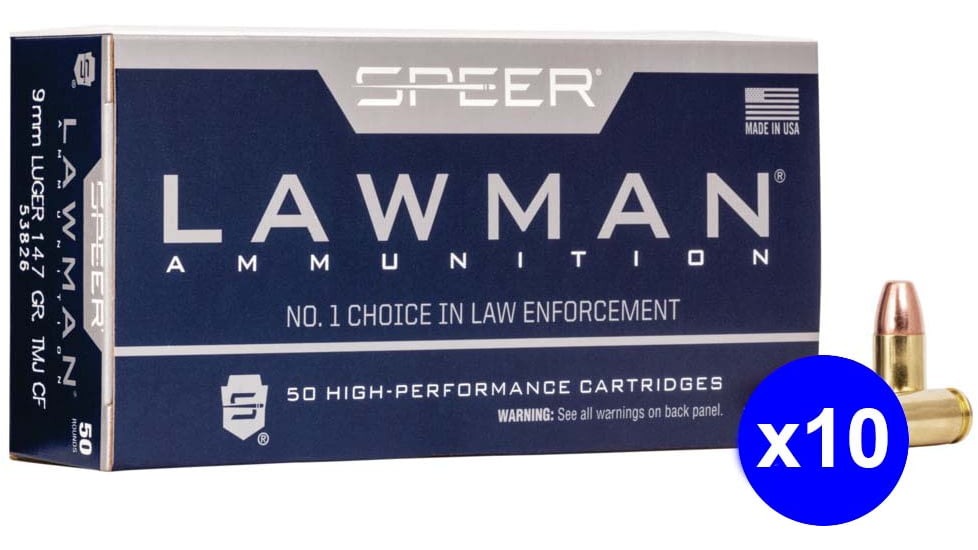 Speer Lawman Handgun CleanFire Training, 9 mm Luger, 147 Grain, TMJ, Brass Cased, Centerfire Pistol Ammo