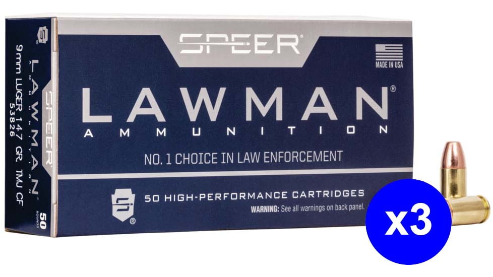 Speer Lawman Handgun CleanFire Training, 9 mm Luger, 147 Grain, TMJ, Brass Cased, Centerfire Pistol Ammo