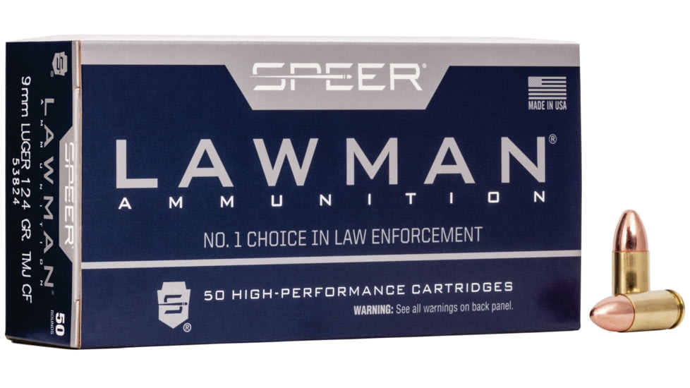 Speer Lawman CleanFire Training 9 mm Luger 124 Grain Total Metal Jacket Centerfire Pistol Ammo, 50 Rounds, 53824