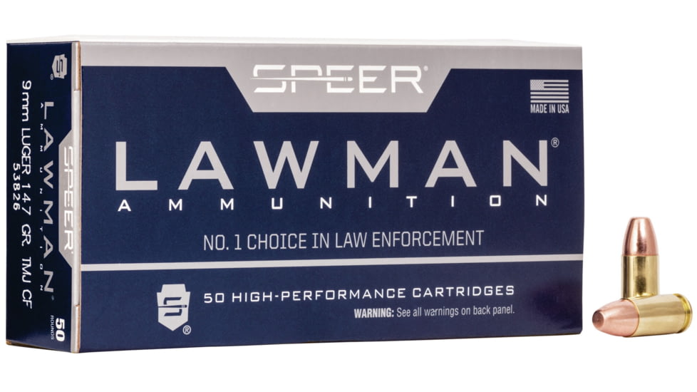 Speer Lawman CleanFire Training, 9 mm Luger, 147 Grain, TMJ, Brass Cased, Centerfire Pistol Ammo, 50 Rounds, 53826