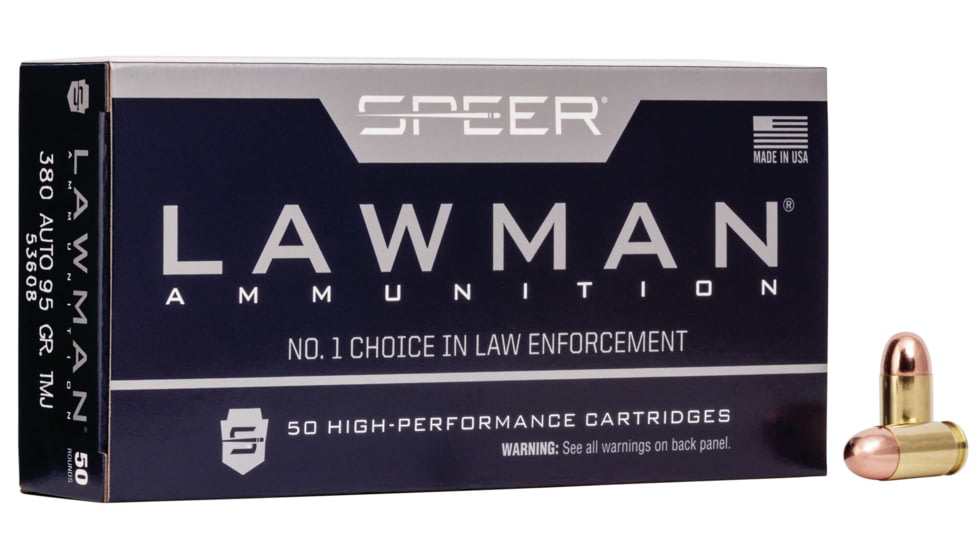 Speer Lawman Training .380 ACP 95 Grain Total Metal Jacket Centerfire Pistol Ammo, 50 Rounds, 53608