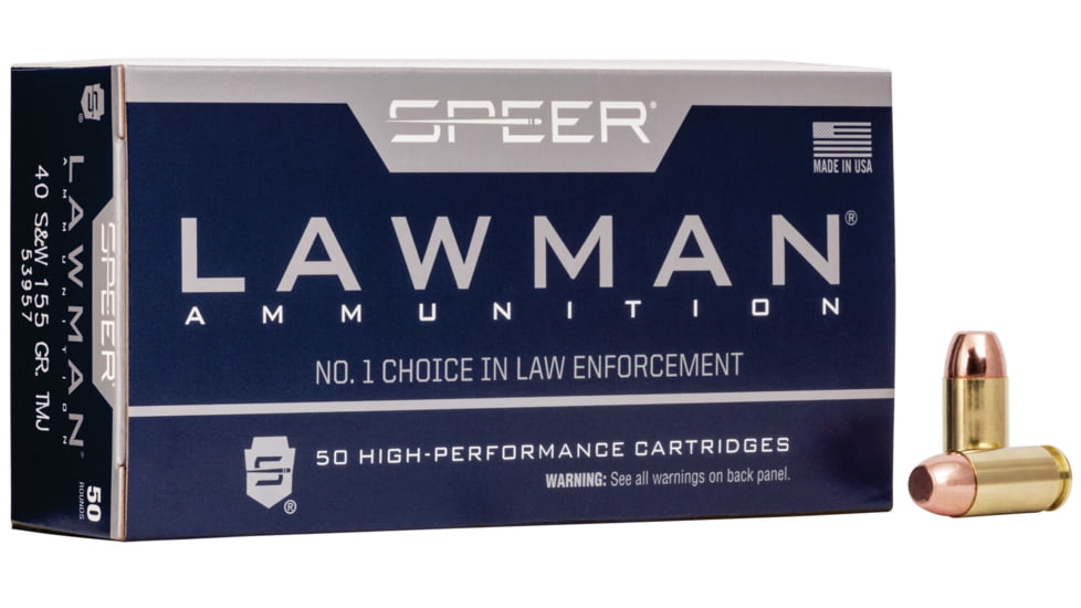 Speer Lawman Handgun Training Pistol Ammo, .40 S&amp;W, Total Metal Jacket, 155 grain, 50 Rounds, 53957