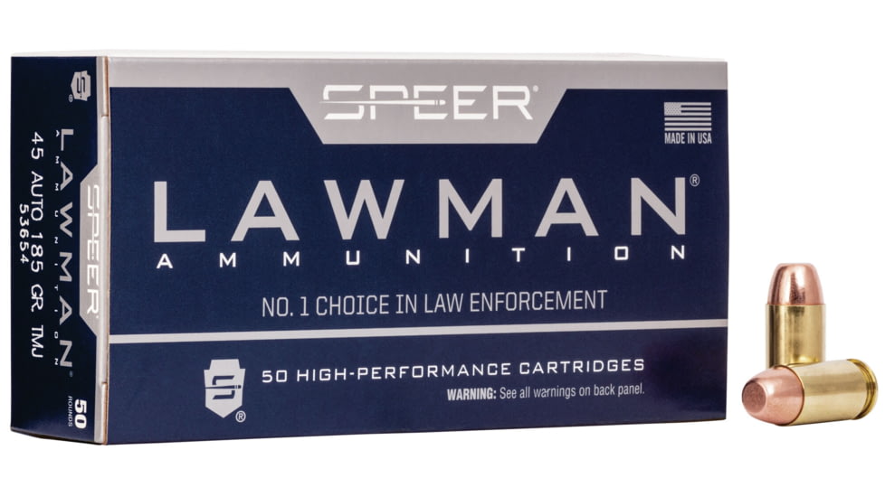 Speer Lawman Handgun Training Pistol Ammo, .45 ACP, Total Metal Jacket, 185 grain, 50 Rounds, 53654