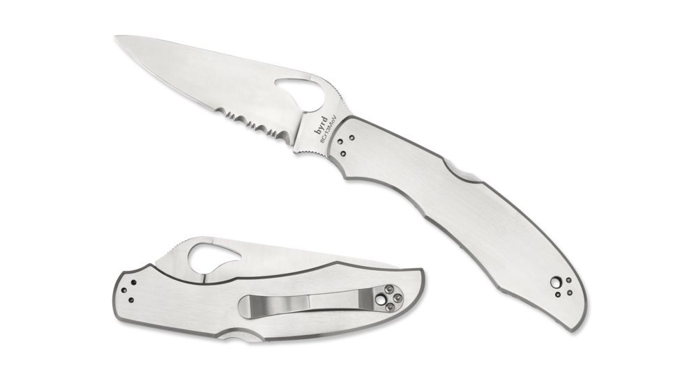 Byrd by Spyderco Cara Cara 2 Folding Knife, 95 mm, Stainless Steel Partially Serrated Blade, Stainless Steel Handle, BY03PS2