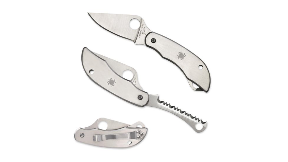 Spyderco ClipiTool Folding Knife, 2.01in, 8Cr13MoV, Clip Point Plain/Serrated Blade, Stainless Steel, Silver Handle, C176P&amp;S