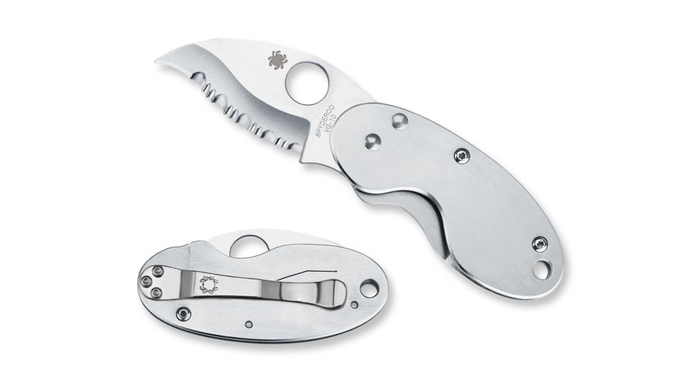 Spyderco Cricket Folding Knife, 1.9in, VG-10, Serrated Drop Point Blade, Stainless Steel, Silver Handle, C29S