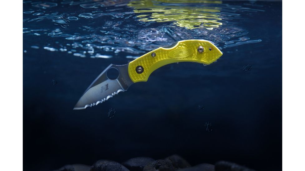 Open Box, Dealer Demo, Spyderco Salt Dragonfly2 Folding Knife, 2.25in, H-2 Steel, Serrated Blade, Leaf Blade, FRN Yellow Handle, C28SYL2-DMO