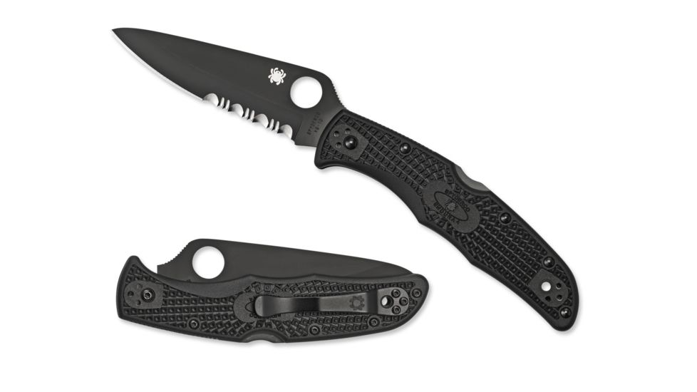 Spyderco Endura 4 Lightweight Folding Knife, 3.8in, VG-10, Partially Serrated Drop Point Blade, Black Blade, Black FRN Handle, C10PSBBK
