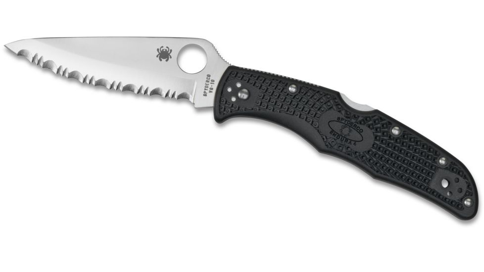 Spyderco Endura 4 Lightweight Folding Knife, 3.8in, Serrated VG-10, Drop Point, Silver Blade, Black FRN Handle, C10SBK