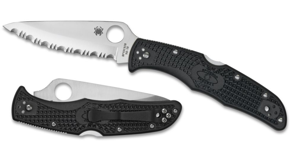 Spyderco Endura 4 Lightweight Folding Knife, 3.8in, Serrated VG-10, Drop Point, Silver Blade, Black FRN Handle, C10SBK