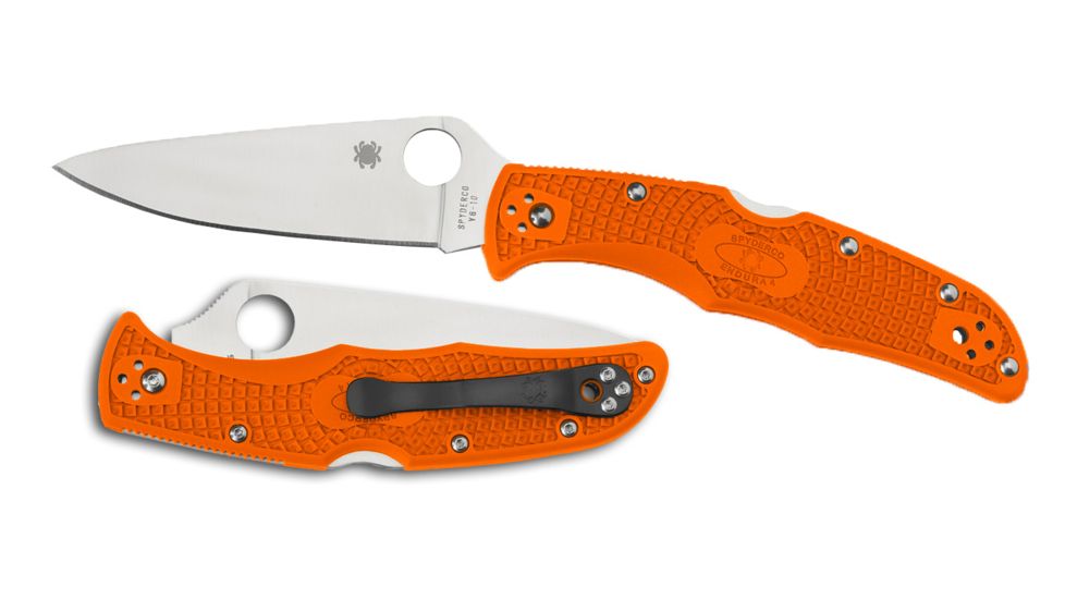Spyderco Endura 4 Lightweight Folding Knife, 3.8in, VG-10, Drop Point, Flat Ground FE Silver Blade, FRN Orange Handle C10FPOR