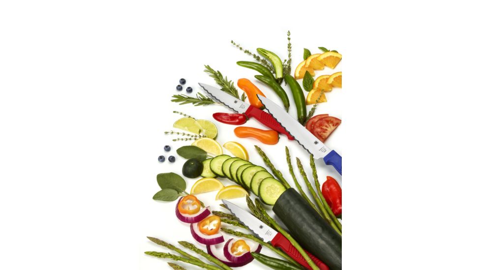 Spyderco Kitchen Paring Fixed Blade Knife, 4.5in, MBS-26 Serrated Blade, Sheepsfoot Blade, Polypropylene Handle, Red, K05SRD