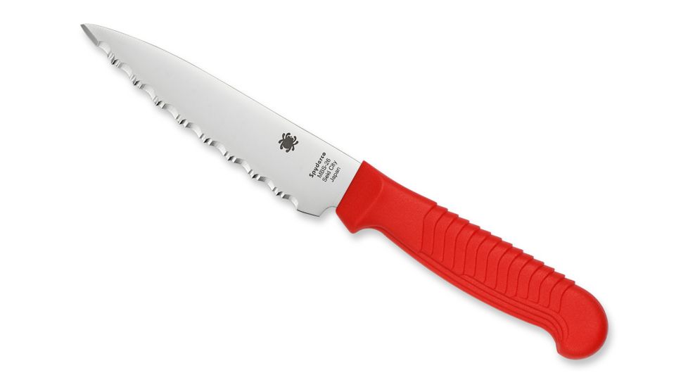 Spyderco Kitchen Paring Fixed Blade Knife, 4.5in, MBS-26 Serrated Blade, Sheepsfoot Blade, Polypropylene Handle, Red, K05SRD
