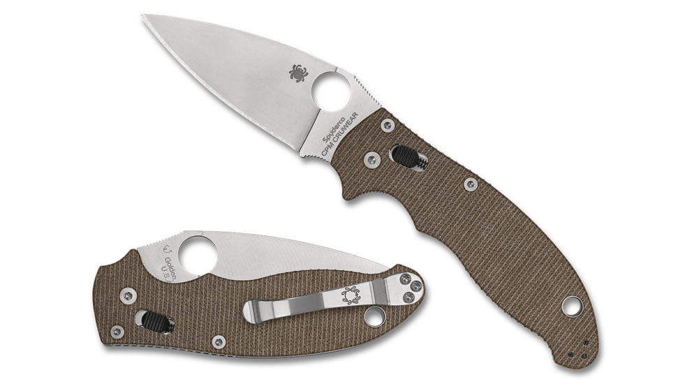 Spyderco Manix 2 Folding Knife, 3.37in, CPM CRU-WEAR, Leaf Blade, Brown Canvas Micarta Handle, SPY-C101MPCW2