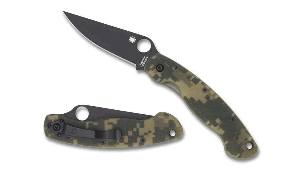 Spyderco Military Folding Knife, Camo G-10 Handle, Black Blade, FE Blade, C36GPCMOBK