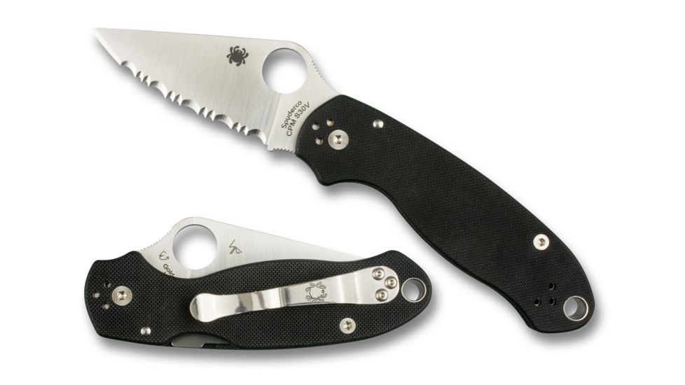 Spyderco Para 3 Folding Knife, 2.95in, CPM S45VN, Satin Finish, Clip Point Serrated Blade, G-10, Black Handle, C223GS