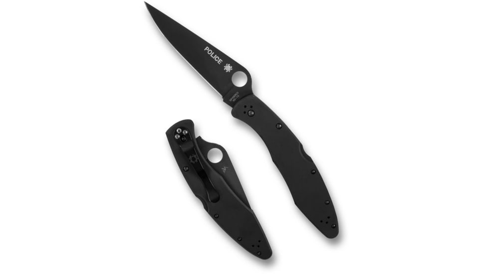 Spyderco Police Model Folding Knife, 4.2in, VG-10 Stainless Steel, Plain Edge, Clip Point Blade, TiCN Finish, Black Stainless Steel Handle, C07BKP