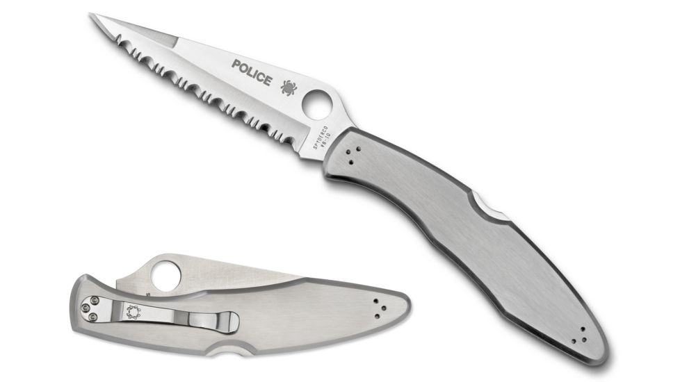 Spyderco Police Model Folding Knife, 4.2in, VG-10, Clip Point, Serrated Blade, Stainless Steel Handle, C07S