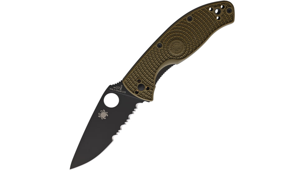 Spyderco Tenacious LWT Folding Knife, 3.38in, 8Cr13MoV Stainless Steel, Black DLC, Partially Serrated, Drop Point Blade, OD Green Bi-Directional Texture FRN Handle, C122PSODBK