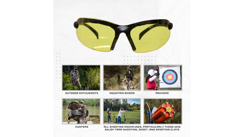 SSP Eyewear Denial Bifocal Shooting Glasses w/ 2.25 Magnification Kit, Black Frame, Amber, Clear And Smoked Lenses, DENIAL 225 KIT