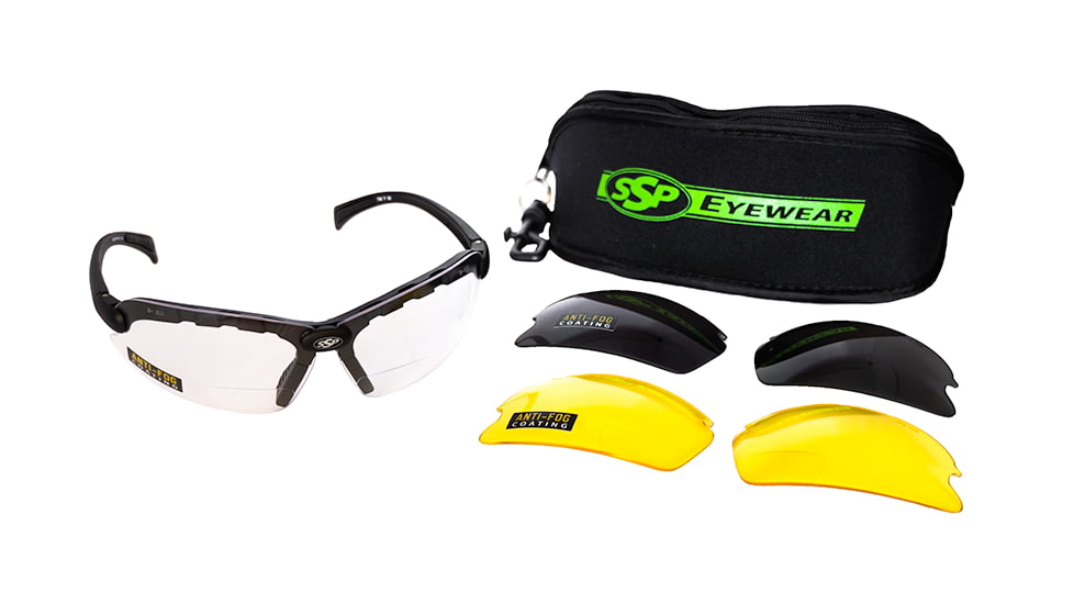 SSP Eyewear Denial Bifocal Shooting Glasses w/ 2.25 Magnification Kit, Black Frame, Amber, Clear And Smoked Lenses, DENIAL 225 KIT