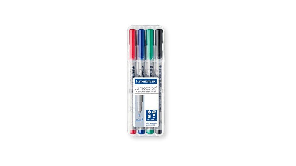 Staedtler Lumocolor Non-Permanent F Width Pen Pack - 4 Colors w/ Stand-Up Box - Red, Blue, Green, Black ST 316 WP4