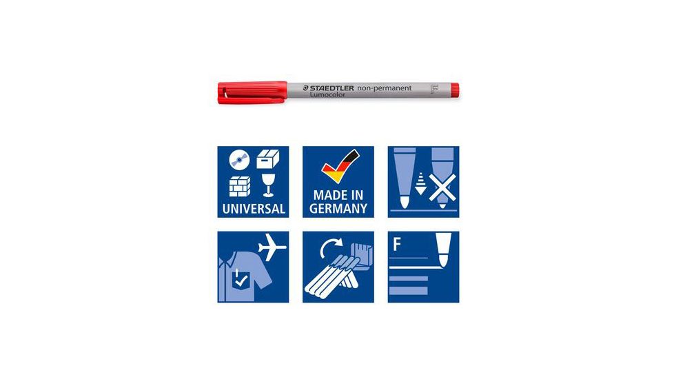 Staedtler Lumocolor Non-Permanent F Width Pen Pack - 4 Colors w/ Stand-Up Box - Red, Blue, Green, Black ST 316 WP4