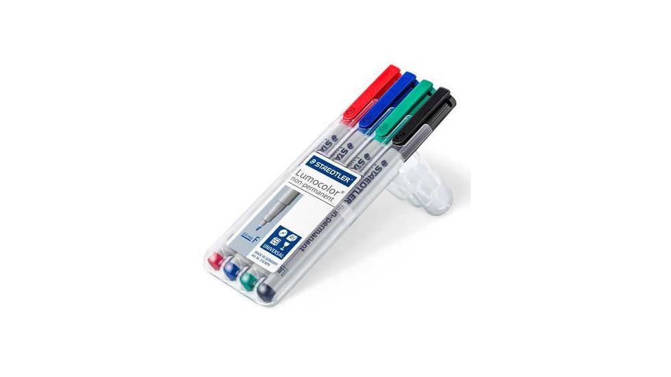 Staedtler Lumocolor Non-Permanent F Width Pen Pack - 4 Colors w/ Stand-Up Box - Red, Blue, Green, Black ST 316 WP4