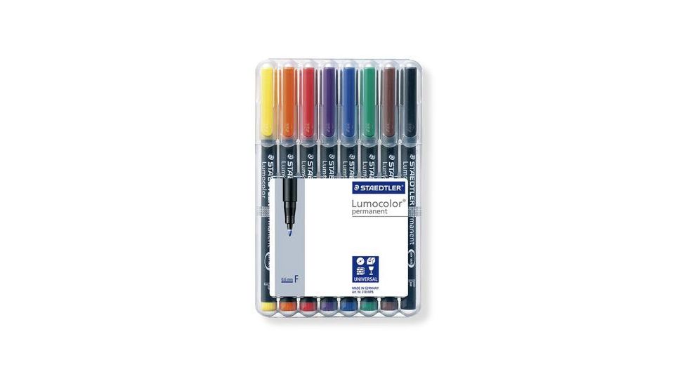 Staedtler Lumocolor Permanent F Width Pen Pack - 8 Colors w/ Stand-Up Box - Yellow, Red, Blue, Orange, Green, Purple, Brown, Black ST 318 WP8