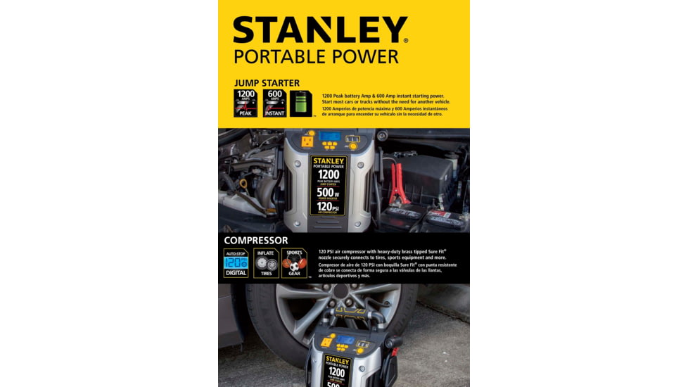 Stanley 1200 Peak Amp 12V Jump Starter, Power Station &amp; Air Compressor, Yellow/Black, J5CPD