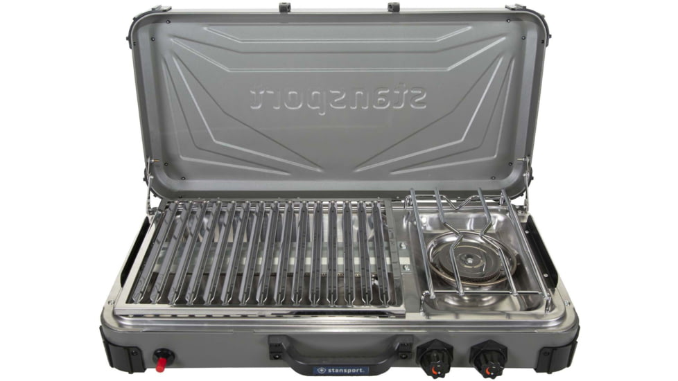 Stansport Boulder Series Propane Stove &amp; Grill Combo w/ Piezo Igniter, Gray/Black, 23.75L x 16.75W x 15H, 206-700
