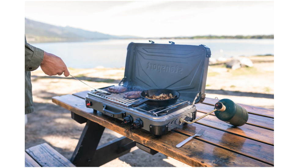 Stansport Boulder Series Propane Stove &amp; Grill Combo w/ Piezo Igniter, Gray/Black, 23.75L x 16.75W x 15H, 206-700
