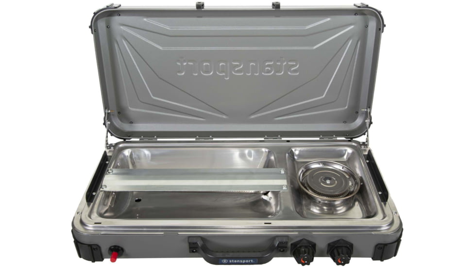 Stansport Boulder Series Propane Stove &amp; Grill Combo w/ Piezo Igniter, Gray/Black, 23.75L x 16.75W x 15H, 206-700