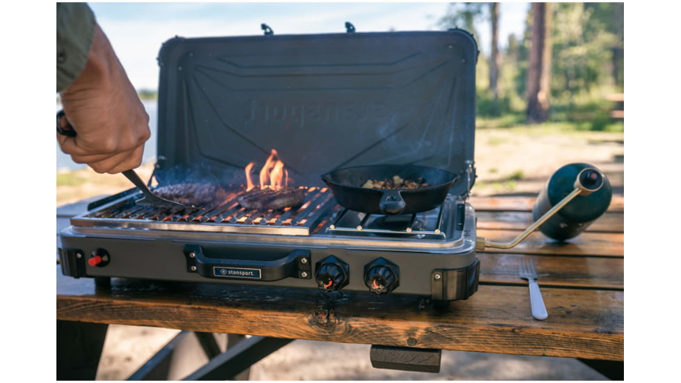 Stansport Boulder Series Propane Stove &amp; Grill Combo w/ Piezo Igniter, Gray/Black, 23.75L x 16.75W x 15H, 206-700