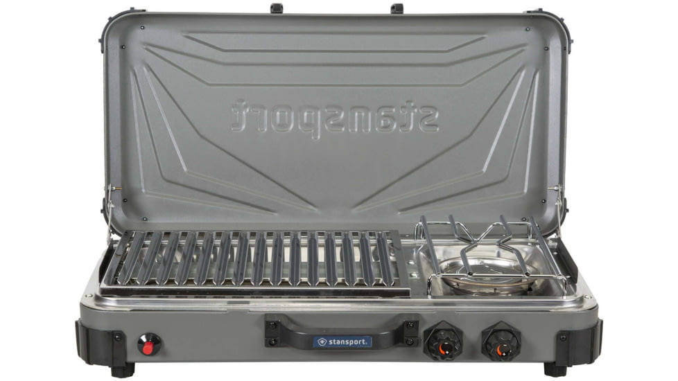Stansport Boulder Series Propane Stove &amp; Grill Combo w/ Piezo Igniter, Gray/Black, 23.75L x 16.75W x 15H, 206-700