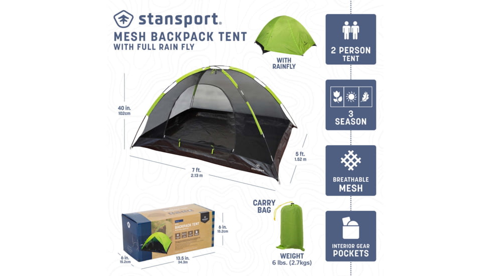 Stansport Star-Lite I Back Pack Tent, w/Fly, Green, 84x60x40in, 723-800
