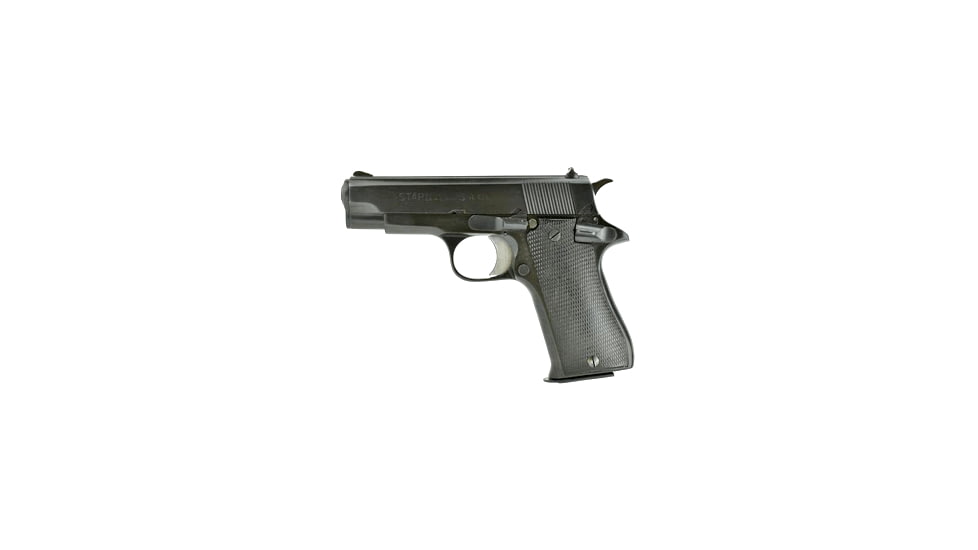 Star BM Pistol, 9mm Luger, 3.77in barrel, blued finish steel frame, black checkered plastic grip, recoil operated semi-automatic, fixed blade and notch, 8 round magazine, STAR-BM-9MM-3.77-1-FRRMPG