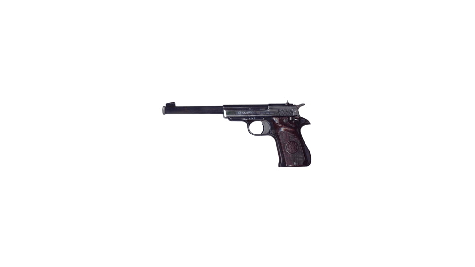 Star F Pistol, .22 Long Rifle, 7.1in barrel, blued finish steel frame, brown checkered plastic grip, blowback operated semi-auto, fixed blade front, adjustable rear, 10 round magazine, STAR-F-.22LR-7.1-1-FRRMPG