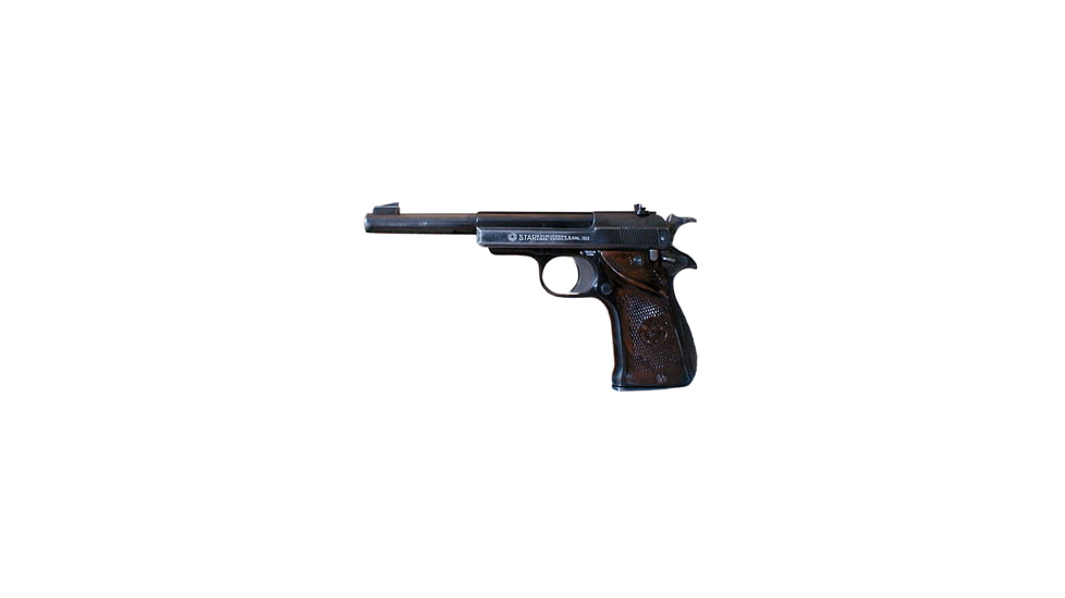 Star F Pistol, .22 Long Rifle, 5.9in barrel, blued finish steel frame, brown checkered plastic grip, blowback operated semi-auto, fixed blade and notch, 10 round magazine, STAR-F-.22LR-5.9-1-FRRMPG