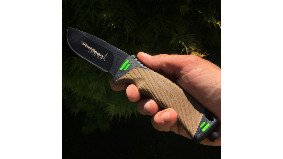 StatGear Surviv-All Outdoor Camping Knife w/ Firestarter &amp; Sharpening Stone, 4.25in, 440 Stainless Steel, Full Tang, Rubber, Brown, 99416