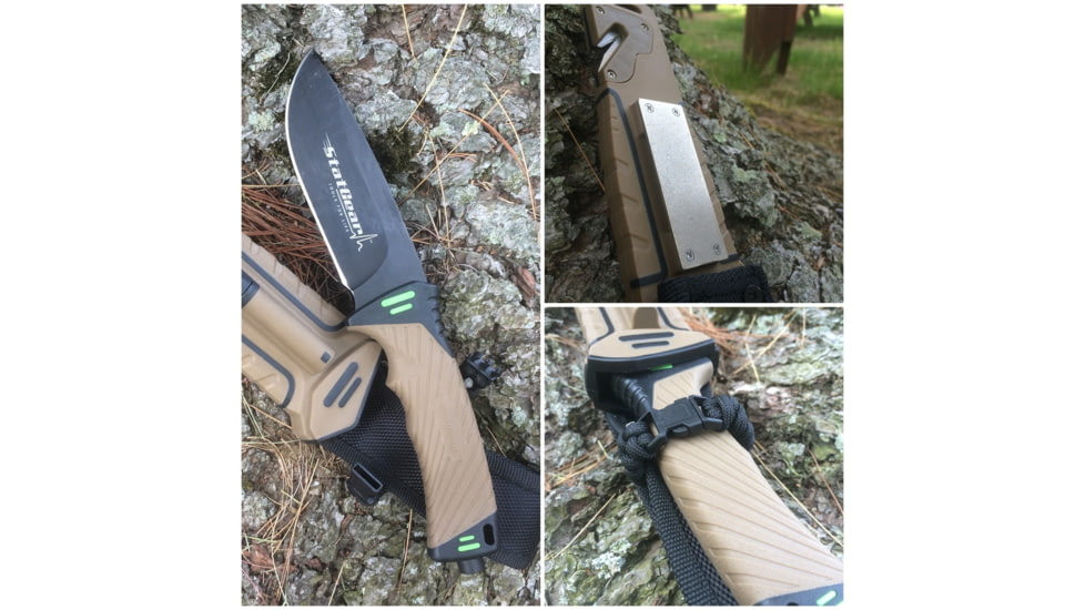 StatGear Surviv-All Outdoor Camping Knife w/ Firestarter &amp; Sharpening Stone, 4.25in, 440 Stainless Steel, Full Tang, Rubber, Brown, 99416