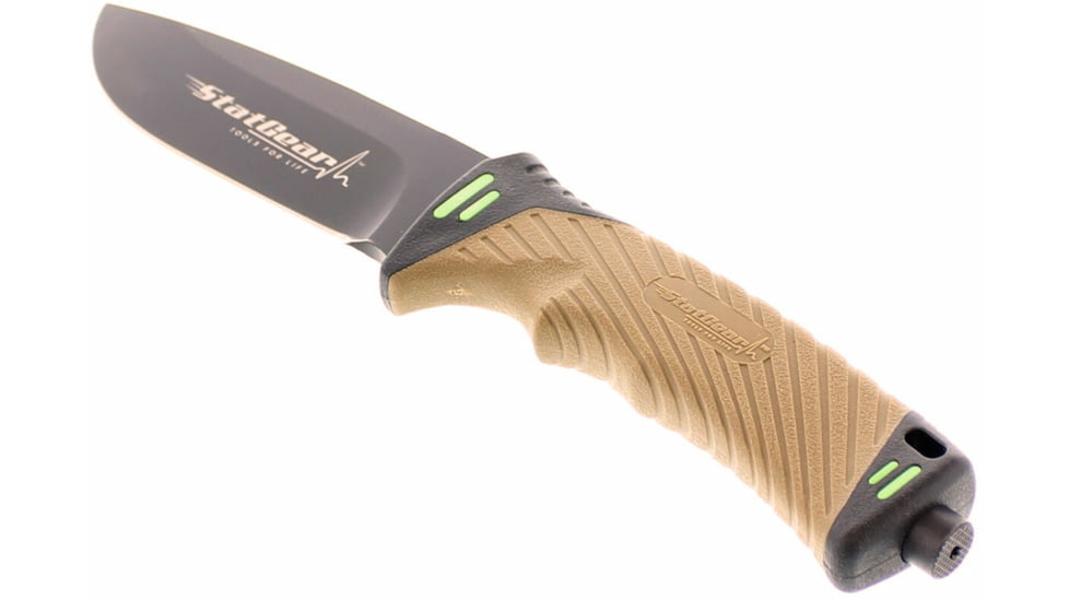 StatGear Surviv-All Outdoor Camping Knife w/ Firestarter &amp; Sharpening Stone, 4.25in, 440 Stainless Steel, Full Tang, Rubber, Brown, 99416