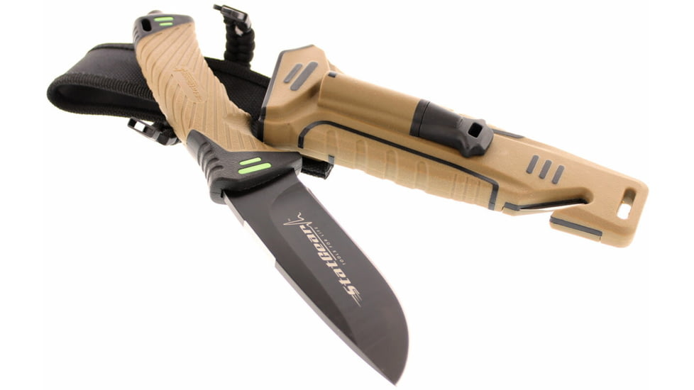 StatGear Surviv-All Outdoor Camping Knife w/ Firestarter &amp; Sharpening Stone, 4.25in, 440 Stainless Steel, Full Tang, Rubber, Brown, 99416